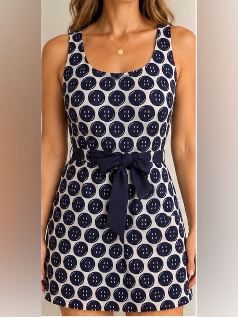 Lilly Pulitzer XS Navy Button Print Dress Bow Waist Preppy
